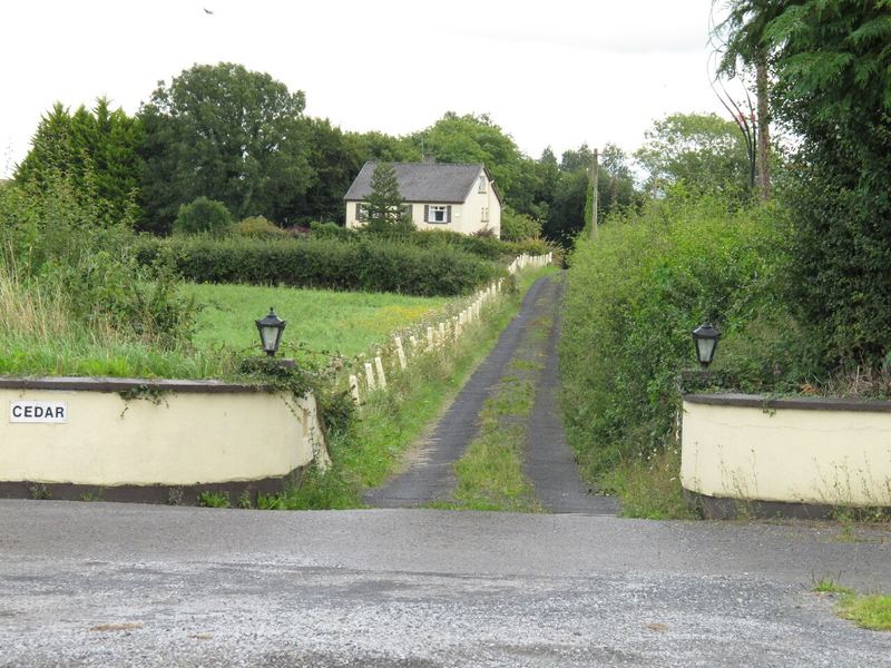 A long tarmac driveway between two gate pillars, leading up to a house near Patrickswell